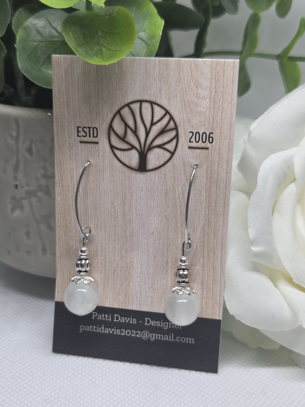 White Beaded Drop Earrings with Silver Accents